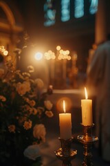 Canvas Print - A couple of candles sitting on top of a table. Can be used for creating a cozy atmosphere or as a centerpiece for a romantic dinner