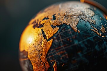 Poster - Close up view of a globe against a black background. This image can be used to represent global concepts and international themes