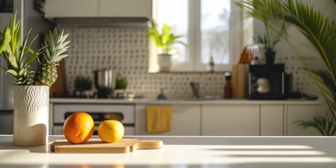 Poster - Two oranges sitting on a cutting board next to a potted plant. Suitable for food and nutrition-related content