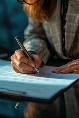 Poster - A woman is seen writing on a piece of paper. This image can be used for various purposes