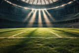 Fototapeta Sport - Football stadium arena for match with spotlight. Soccer sport background, green grass field for competition champion match.