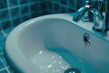 Poster - Water is running from the faucet of a bathroom sink. Suitable for various uses