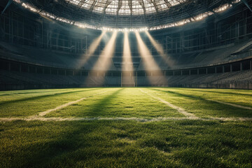 Wall Mural - Football stadium arena for match with spotlight. Soccer sport background, green grass field for competition champion match.