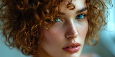 Poster - A detailed close-up shot of a woman with curly hair. Perfect for beauty and fashion-related projects