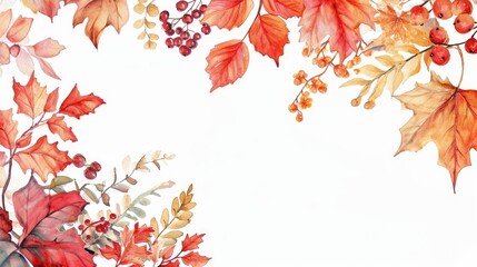 Poster - A vibrant watercolor painting depicting the beauty of autumn leaves and berries. Perfect for adding a touch of nature and warmth to any project or decor
