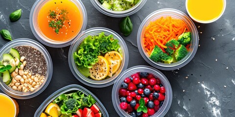 Poster - Various plastic containers filled with different types of food. Versatile and practical for various culinary uses