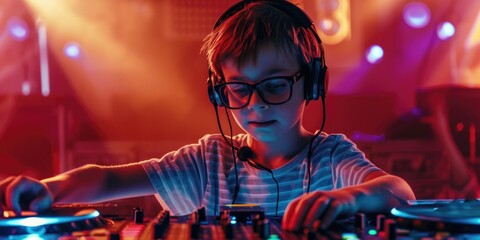 Aufkleber - A young boy wearing glasses is playing as a DJ. This image can be used to depict a child's interest in music or to illustrate a DJ at a children's party