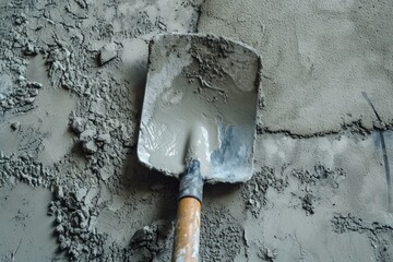 Poster - A shovel is seen lying on the ground next to a wall. This image can be used to depict construction, gardening, or outdoor maintenance projects