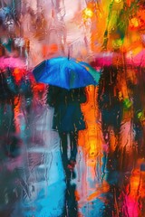 Poster - A painting depicting people walking in the rain with umbrellas. Can be used to illustrate rainy weather or urban scenes
