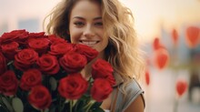 Beautiful Happy Smiling Blonde Young Lady With A Huge Bouquet Of Red Roses. AI Generated 