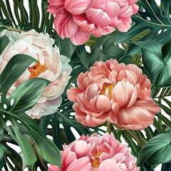 Wall Mural - Peony flowers with green leaves background seamless pattern.