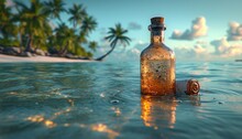 Bottle With Rolled Up Letter In It Floating In Water, Generative Ai