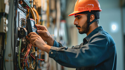 Sticker - A focused electrician in a yellow safety helmet meticulously works on a complex electrical panel