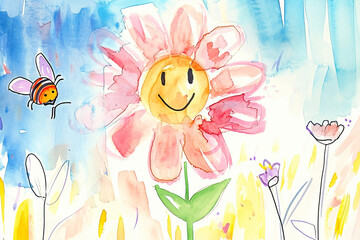 Wall Mural - watercolor illustration of a child's drawing of a smiling flower with a bee