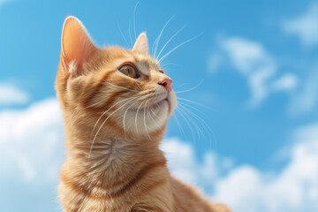 Close up orange cat on blue sky background