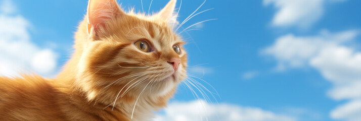 Close up orange cat on blue sky background