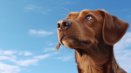 Close up dog on blue sky background