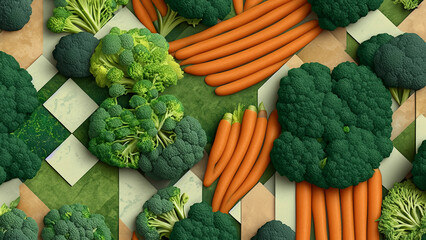 Wall Mural - Vegetarian wallpaper with colorful fresh vegetables carrot broccoli cauliflower vegan mosaic 4K