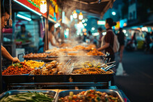 Assorted dishes and skewers at a twilight street food market. Culinary travel and local cuisine concept. Design for travel culinary guide, street food festival poster, local market promotion
