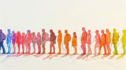 People are standing in line. Silhouettes of people, sketch, diverse group of standing people