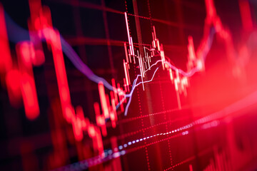 Poster - candlestick stock chart with a red background and a blue line.