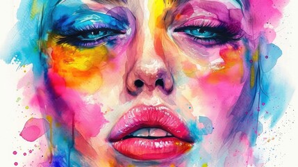 Poster - Vibrant Painting of Womans Face Depicting Abstract Fashion Model Generative AI