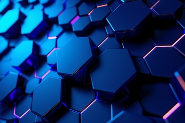 Poster - Abstract dark background with purple luminous hexagons, technology, neon