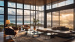 © Muhammad - Interior architectural hi-res editorial living room with massive glass windows overlooking the ocean, hurricane outside, torrential rain, detailed, high resolution, photorrealistic