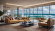 © Muhammad - Interior architectural hi-res editorial living room with massive glass windows overlooking the ocean, hurricane outside, torrential rain, detailed, high resolution, photorrealistic