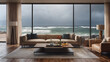 © Muhammad - Interior architectural hi-res editorial living room with massive glass windows overlooking the ocean, hurricane outside, torrential rain, detailed, high resolution, photorrealistic