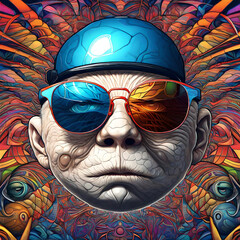 Wall Mural - portrait cartoon caricature of a male wearing sunglasses, in the style of extreme Surrealism. suitable for an album cover