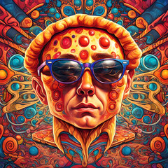 Wall Mural - portrait cartoon caricature of a male wearing sunglasses, in the style of extreme Surrealism. pizza sub theme, suitable for an album cover