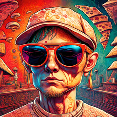 Wall Mural - portrait cartoon caricature of a male wearing sunglasses, in the style of extreme Surrealism. suitable for an album cover