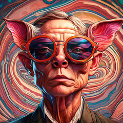 Wall Mural - portrait cartoon caricature of a male wearing sunglasses, in the style of extreme Surrealism. suitable for an album cover