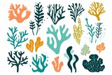 Fototapeta  - Set of vector watercolor seaweed and corals isolated on white. Sea theme, design element, decoration of water entertainment places, parks, beaches.