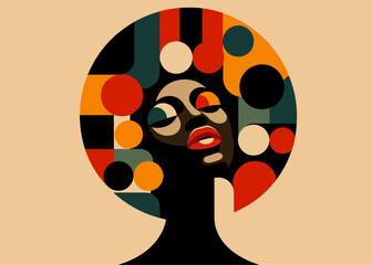 Minimalist Black History Month abstract portrait of a celebrates the beauty and strength of a black woman, graphic shapes, vibrant African colors, flat minimalist illustration