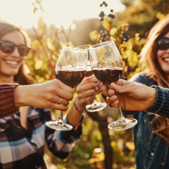 Friends toasting wine in a vineyard at daytime outdoors. Happy friends having fun outdoor. Young people enjoying harvest time together outside at farm house vineyard countryside. Autumn season