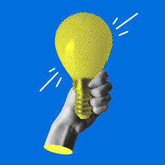 Hand holding light bulb. Idea concept. Modern collage. Halftone design elements cut from newspaper. Inspiration. Creative thinking in business. Scientific discoveries. Successful learning. Brainstorm