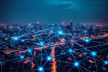 Poster - network communication or distribution concept, connection line from central point over night city