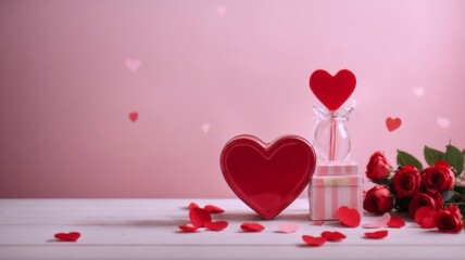 Valentine's Day composition background with hearts, gift box and copy space. Generative ai
