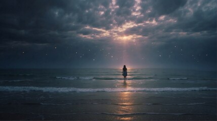 A lone human standing by the ocean's edge in the early dawn, captured from behind