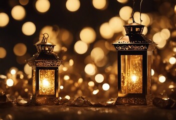 Sticker - Two Golden Lanterns Lighting in Night with Bokeh Background