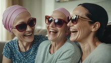 A Woman With Cancer Is Happily Spending Time With Her Adult Daughter In A Living Room. They Are Laughing And Being Affectionate. Wearing Sun Glasses World Cancer Day Concept Created With Generative Ai