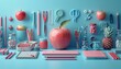 Animation of school supplies and an apple and numbers on blue background,minimalism ,generative ai