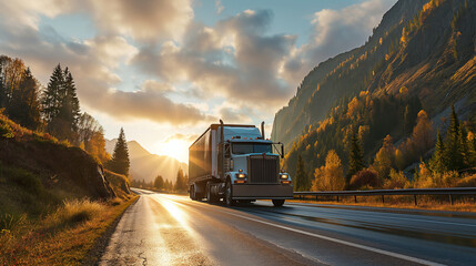 Wall Mural - Freight logistics with white semi-truck on mountain road, sunrise, autumn season, commercial transport, scenic highway, fall colors, travel.