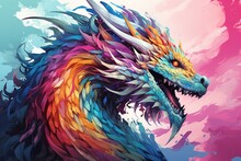  A Painting Of A Colorful Dragon On A Pink, Blue, Yellow, And Pink Background With Water Splashes.