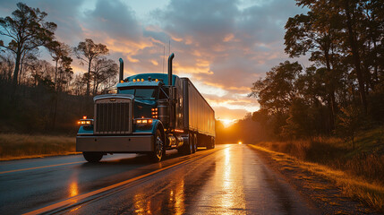 Wall Mural - Morning haul with a blue semi-truck on a picturesque mountain road, glowing sunrise, logistics and freight, highway journey, commercial transport