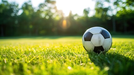  a soccer ball sitting in the middle of a grassy field with the sun shining through the trees in the background.