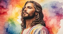 Colorful Watercolor Painting Of Jesus Christ. Colorful Easter Illustration Of Jesus. Generative AI.
