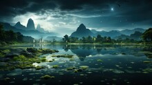  A Large Body Of Water Surrounded By A Lush Green Forest Under A Night Sky With Stars And A Full Moon.